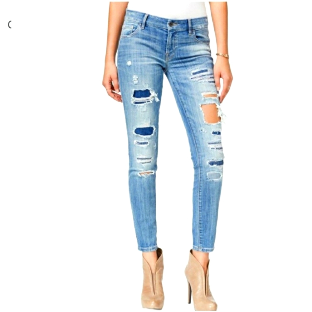 Guess Power Curvy Mid Distressed Straight Leg Skinny Denim Jean Size 25